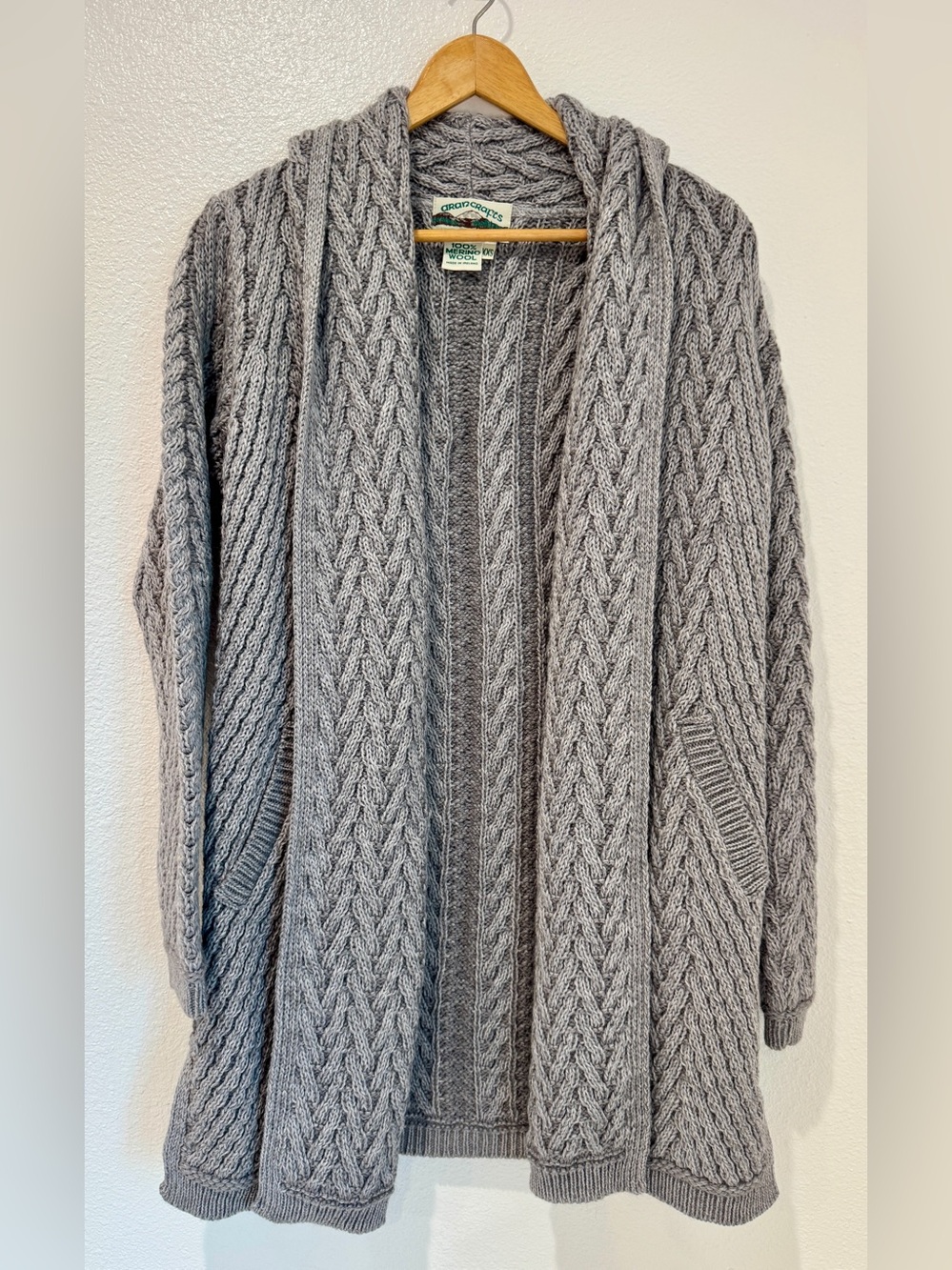 Aran Crafts Fisherman Cable Knit Cowl Neck Open Front Long Duster Cardigan XXS